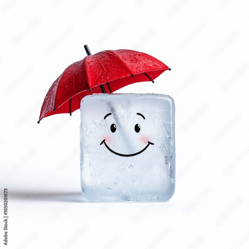 Aufkleber a cheerful ice cube with a smiling face, sheltered under a small red umbrella, creating a playful mo