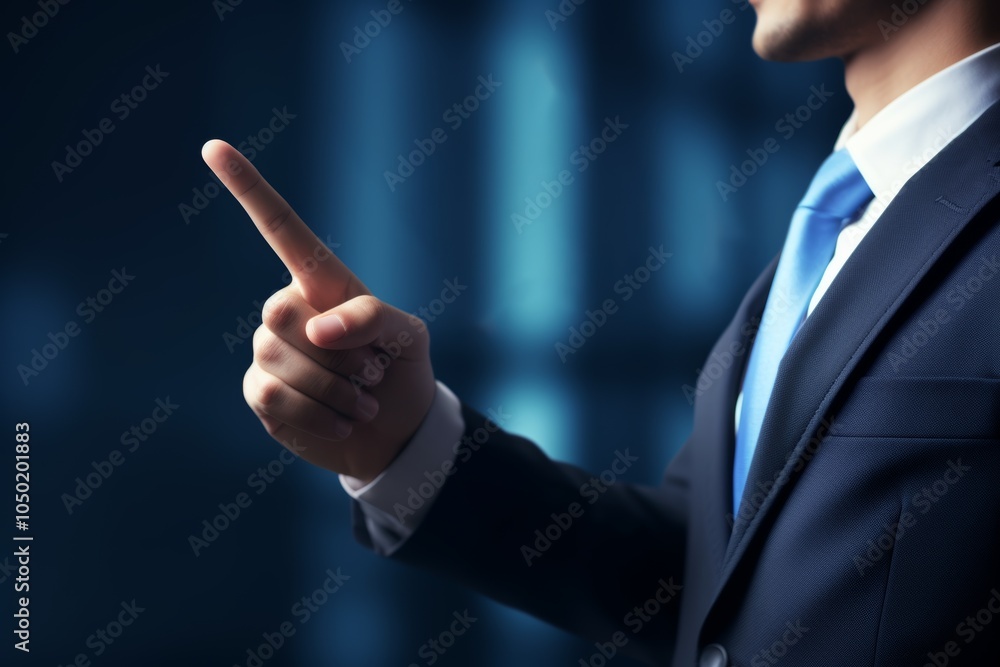 Poster a man in formal attire raises a finger to emphasize a point while engaged in a discussion in a sleek