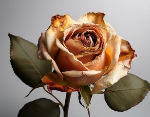 wilted rose on light gray background concept of aging