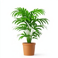 Fototapeta premium A lush green palm plant with vibrant fronds sits in a simple brown pot, adding freshness to any indoor space.