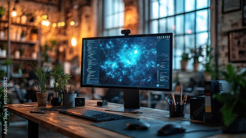 Poster a modern computer monitor displaying code on a wooden desk in a home office with plants.