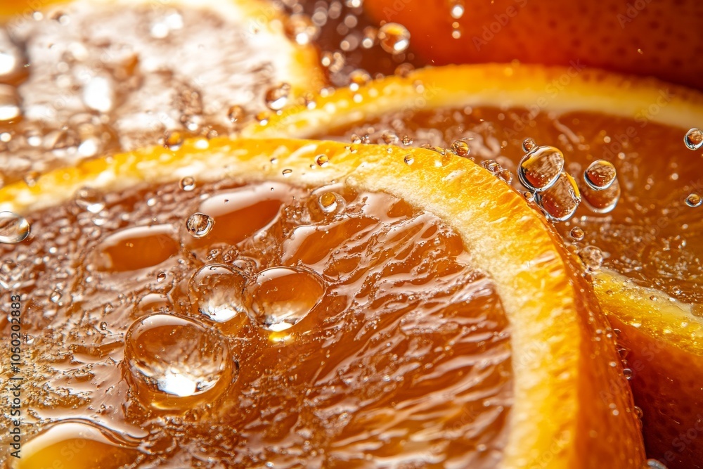 Poster close-up of vibrant orange slices submerged in sparkling water with bubbles, creating a refreshing a