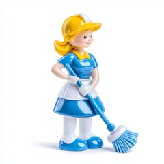 Cheerful female cleaning figure in blue and yellow attire, holding a broom with a friendly smile.