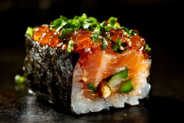 Close-up of a colorful sushi roll featuring salmon, avocado, and topped with green onions and fish roe.