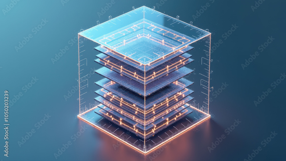Aufkleber 3d rendering of a futuristic data center with glowing layers and intricate details.
