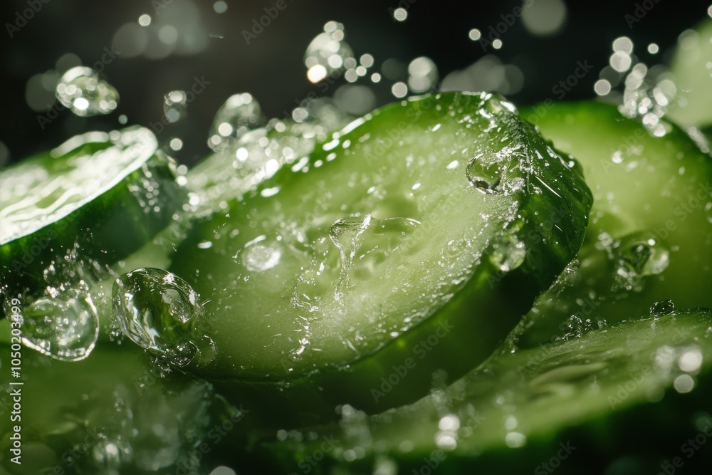 Poster fresh cucumber slices splashing in water, creating a refreshing and vibrant scene.