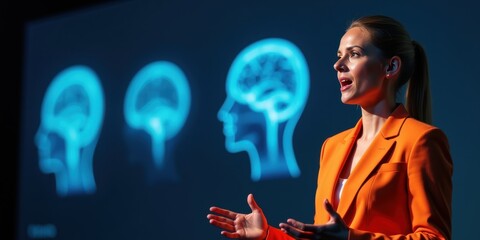 A confident presenter in an orange suit explains concepts with a brain illustration behind, symbolizing innovation and knowledge transfer in a professional setting.
