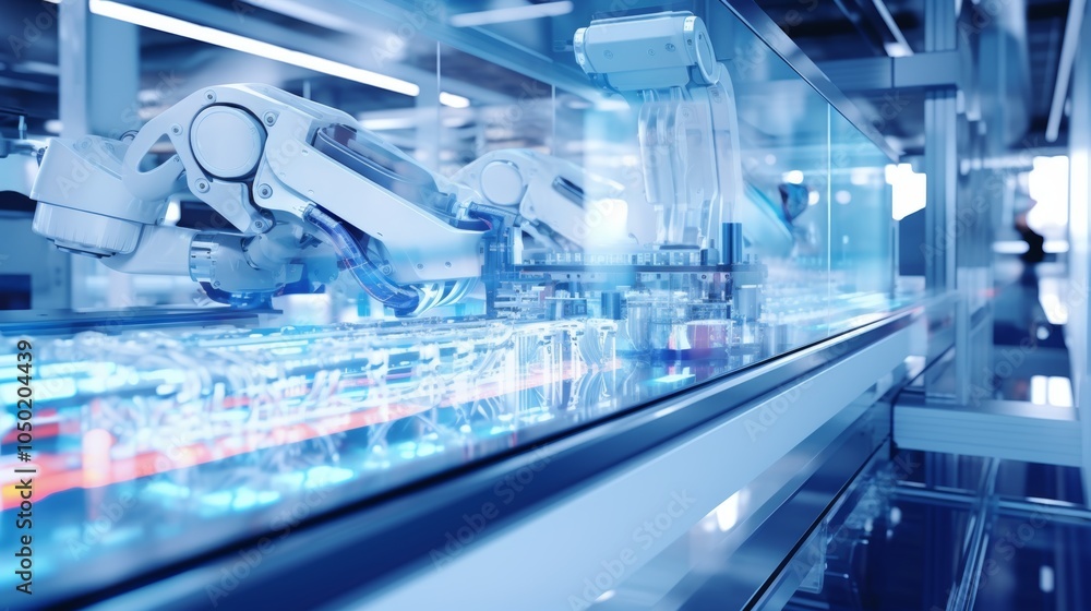 Poster robotic arms are engaged in assembling various components within a modern manufacturing facility, sh