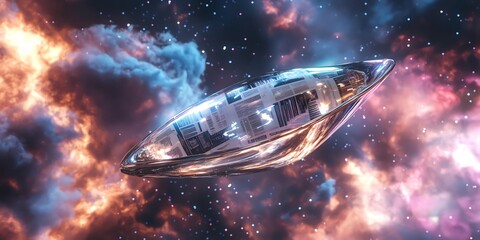 Tilted angle of a futuristic spacecraft launching amidst vibrant nebulae