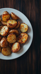 Crispy roasted potatoes seasoned with herbs presented on a dark wooden table