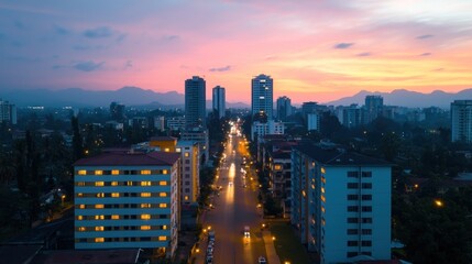 Obraz premium Aerial View of Bustling Commercial District and a Picturesque Skyline at Dusk
