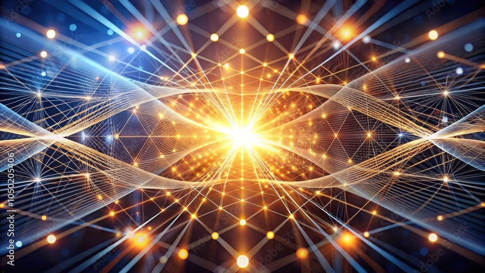 Poster a radiant burst of light emanating from a complex web of interconnected nodes, symbolizing the flow 