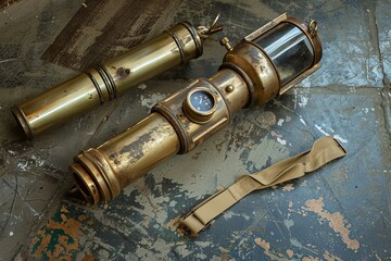 Antique diving equipment, including a pressure gauge and a lamp, laying on a weathered wooden background