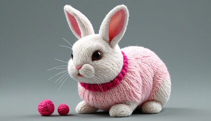 Fototapeta premium A small, chunky yarn rabbit with pink-tipped ears and a sweet little pom-pom tail, Generative AI