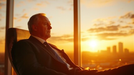 Fototapeta premium Confident CEO Sitting and Overlooking City at Sunset