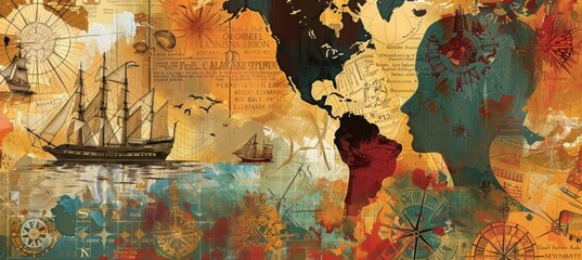 Columbus Day Historical Exhibition Poster Featuring Ships and Exploration Themes