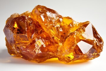 Close-up of a stunning, faceted amber crystal showcasing rich golden hues and intricate textures.