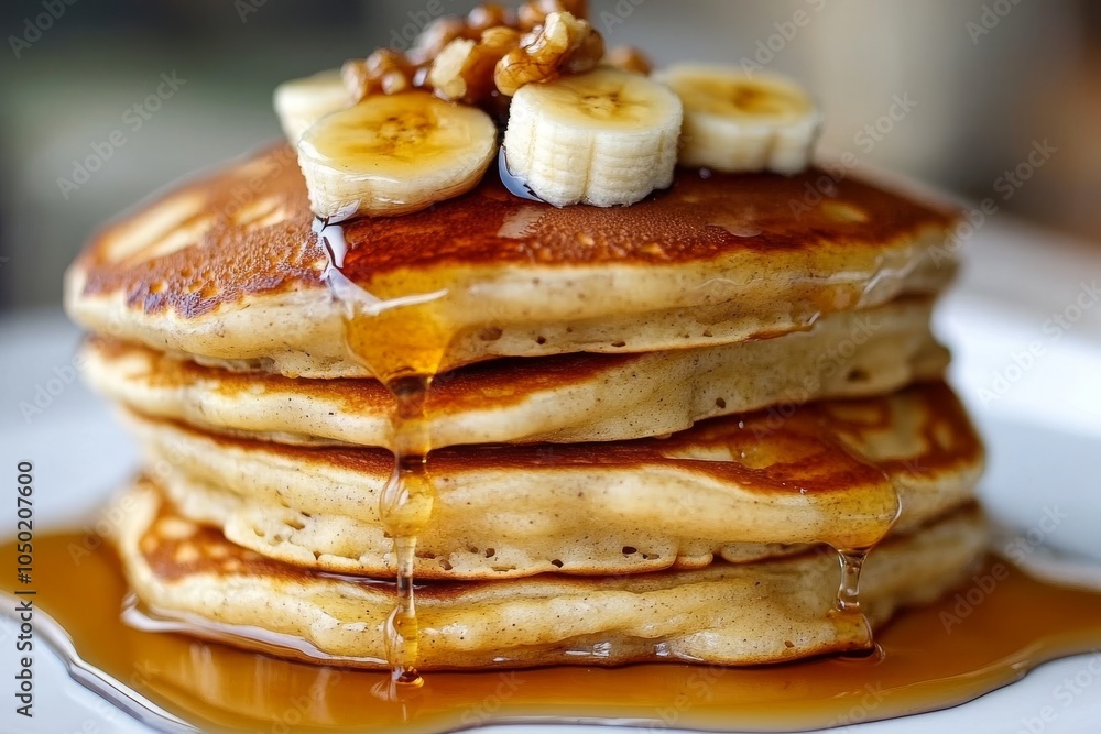 Poster a close-up of stacked pancakes topped with banana slices and drizzled with syrup, creating a delicio