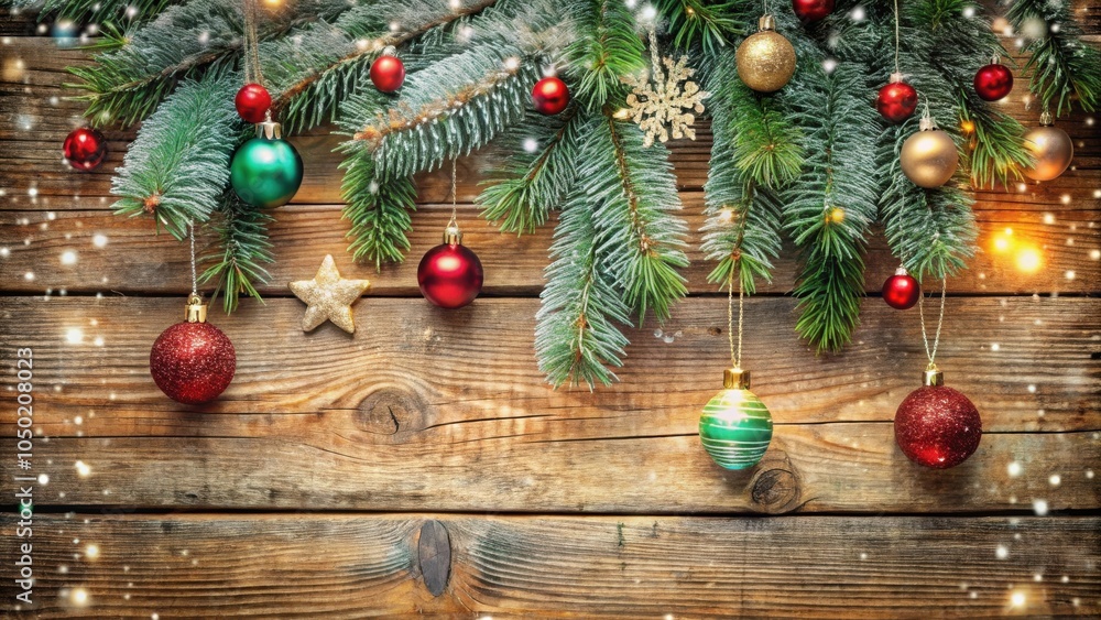 Poster festive evergreen branches adorned with christmas ornaments and sparkling lights on a rustic wooden 