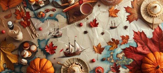 Columbus Day Restaurant Flyer with Fall Colors and Explorer-Themed Decor for Seasonal Dishes