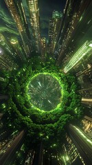 Obraz premium A surreal cityscape with a green circle in the center, seen from a bird's eye view.