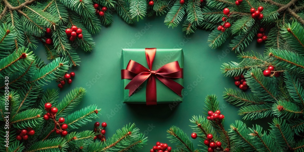Poster a green gift box with a red ribbon surrounded by lush evergreen branches and vibrant red berries, cr