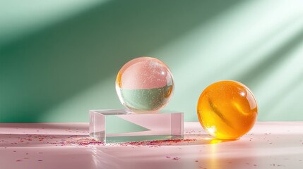 Two glass spheres, a clear one with a tint and an opaque orange one, sit on a block in a colorful...