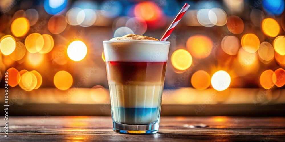 Poster A layered latte with a red and white straw on a wooden table with a blurred background of warm lights.