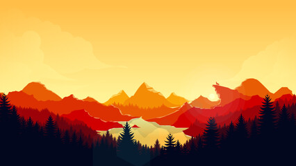 Minimalist Mountain Range with Vibrant Color Combinations in Flat Design Style, 4K HD Desktop Wallpaper Background