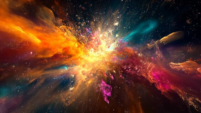 A vibrant nebula explodes with color against a dark, starry background