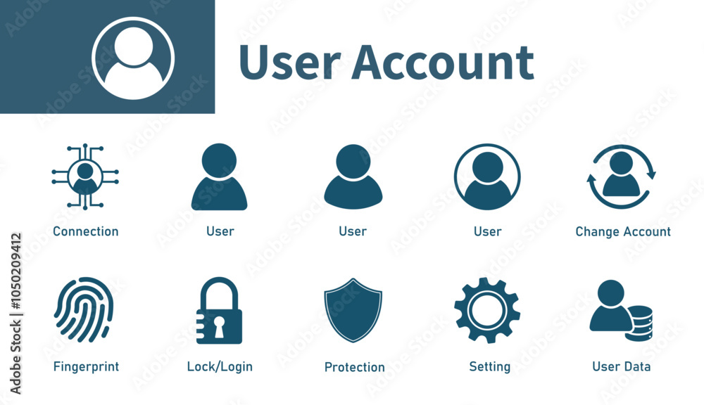 Poster user account icon. collection of solid vector icons about user data, login, security, account change