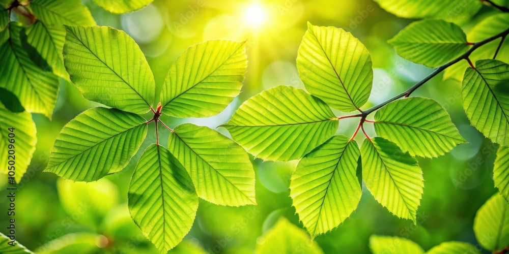 Poster a close-up of vibrant green leaves illuminated by the warm glow of the sun, showcasing their intrica