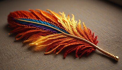 A crocheted phoenix feather with flame-colored threads and sparkling beads, Generative AI