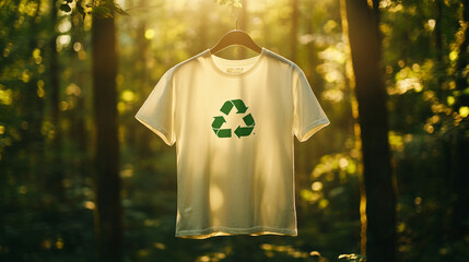 White T Shirt with Recycle Symbol Hanging in Forest