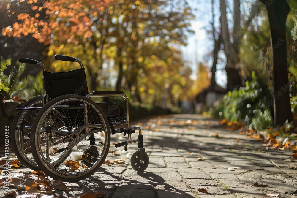 Poster empty wheelchair sits on a cobblestone path with autumn leaves scattered around