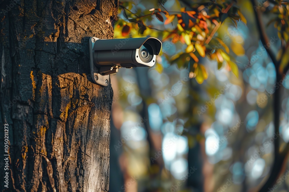 Poster security camera mounted on a tree monitoring a public park on a sunny autumn day