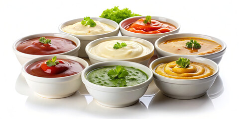 A variety of sauces in white bowls sits on a clean surface, showcasing colorful options including red, green, and yellow condiments, garnished with fresh herbs