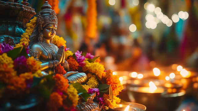 Karni Mata Festival, atmosphere inside Karni Mata temple with goddess idol surrounded by flower decoration and diya lights, Ai generated images