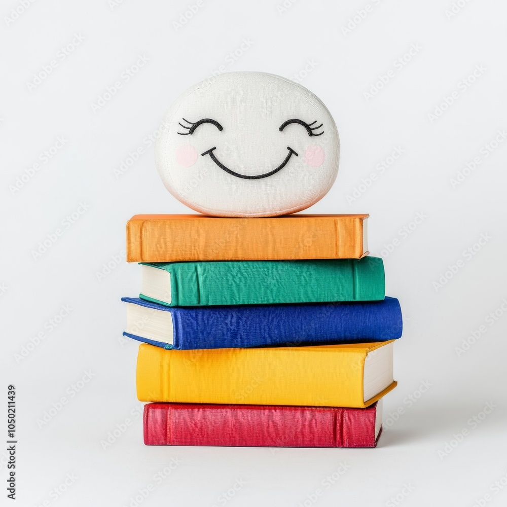 Poster a smiling cushion rests on a colorful stack of books, creating a cheerful and inviting atmosphere fo