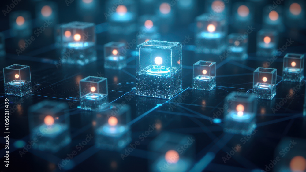 Poster a 3d rendering of a network or cloud with abstract geometric shapes, predominantly cubes.