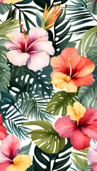 A vibrant tropical floral pattern featuring red and pink hibiscus flowers and lush green leaves on a white background.