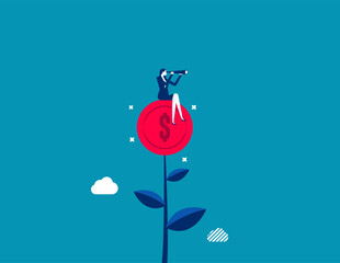 Investment or saving growth, growing wealth, financial and banking forecast, earning profit or grow income or mutual fund return concept, woman look through telescope on plant with money coin flower.