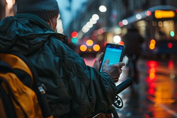 Elderly man is using a smartphone app for navigation while riding his electric wheelchair in the city at night