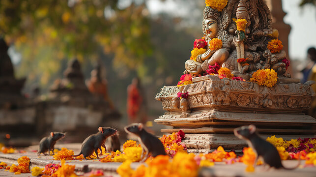 Karni Mata Festival, a group of people bring offerings of flowers and lamps to Karni Mata, sacred rats run around the altar, Ai generated images