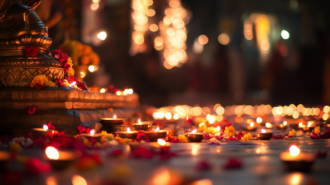 Karni Mata Festival, the sight of the temple filled with visitors of all ages, carrying offerings while praying, flower decorations and diya lights spread all over the area, Ai generated images