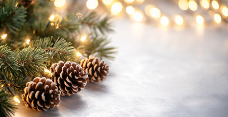 Festive Pine Cones and Evergreen Branches with Soft Christmas Lights