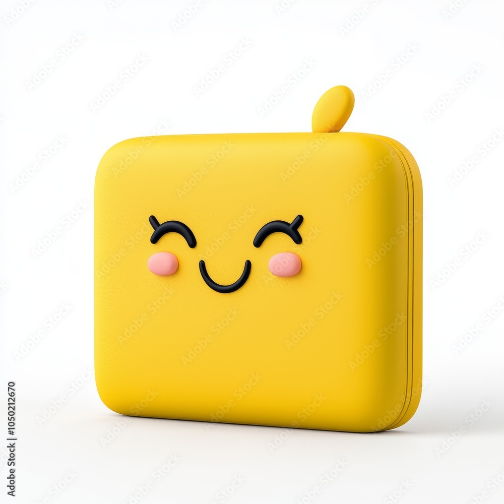 Poster a cheerful yellow character with a smiling face and rosy cheeks, embodying a playful and inviting mo