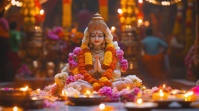 Karni Mata Festival, atmosphere inside Karni Mata temple with goddess idol surrounded by flower decoration and diya lights, Ai generated images