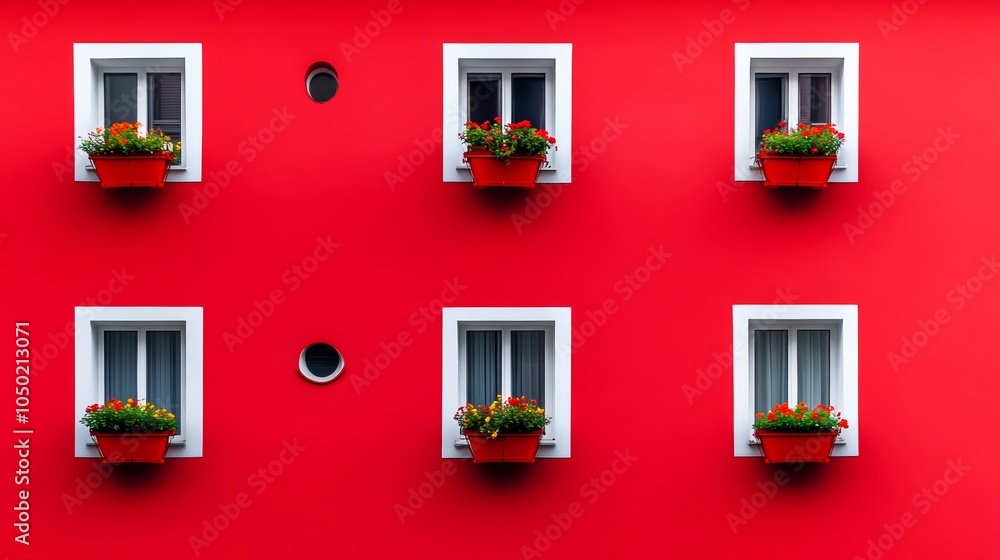 Aufkleber red building with white trim and a window in the middle of the wall. the window has a flower pot in 