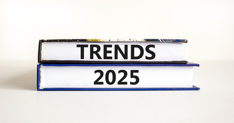 Planning trends 2025 new year symbol. Concept words Trends 2025 on beautiful books. Beautiful white background. Business trends 2025 new year concept. Copy space.